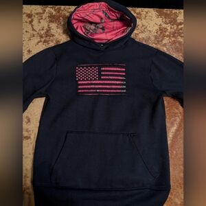 American Eagle Performance Fleece Black Pullover Hoodie with Pink Camo Design